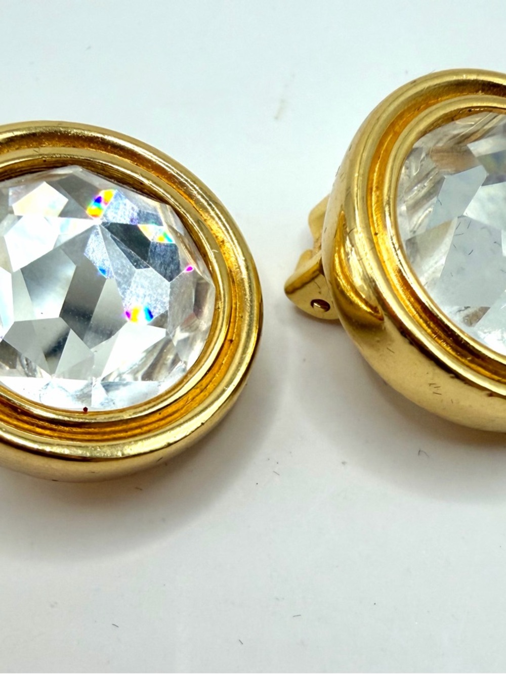 Vintage Dior Gold Tone Clip Statement Earrings with Iridescent Crystal Centers - Picture 8 of 10